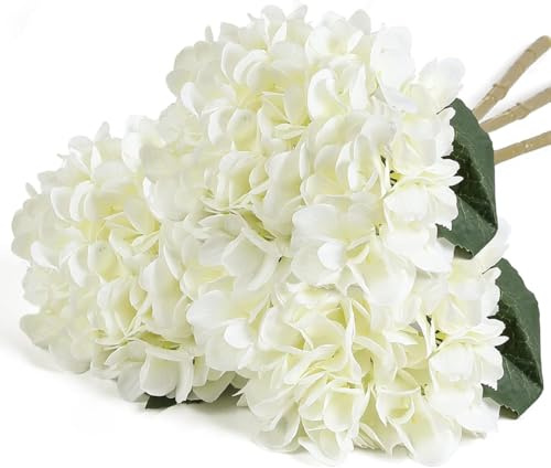 CHBDYOM Lot de 3 bouquets de fleurs d'hortensia artificielles en soie blanc crème, bouquet de fleurs d'hortensia réalistes pour fête de mariage, bureau, décoration d'intérieur (blanc)