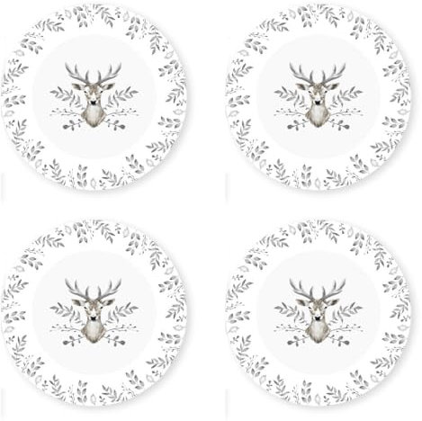 YöL Set Of 4 Dinner Plates Christmas White And Grey Stag Design Porcelain Festive Dinner