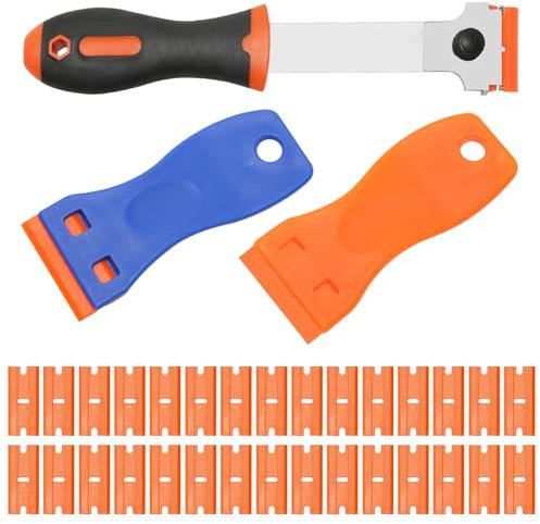 Cleaning Scraper Tool Set, 3PCS Scraper Tool with 30 Pcs Replaceable Plastic Blades, Window Scraper Tools for Label Removal Window Decals Paint Cleaning