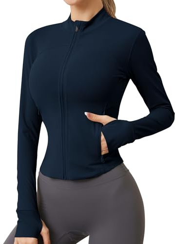 IECCP Veste de sport pour femme - Manches longues - Haut de gym - Haut de yoga - Fitness - Deux poches zippées - Veste de survêtement légère avec trou pour les pouces, Bleu marine, S