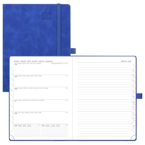 POPRUN Kalender 2025 2026 Buchkalender Notizbuch (Aug.2025-Dez.2026), ca. A5 (22 x 16,5 cm), Terminplaner, Wochenplaner Softcover mit PU-Leder, Zertifiziertem Papier - Königsblau