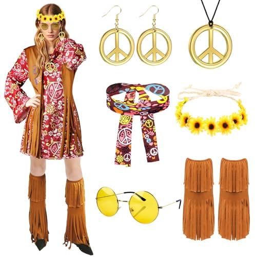 7PCS Hippie Kostüm Damen, 60er 70er Jahre Outfit Damen, Hippie Stirnband Haarband Brille Halskette Ohrringe, Disco Outfit Hippie Accessoires Damen, Faschingskostüme Damen Kleid für Karneval Party