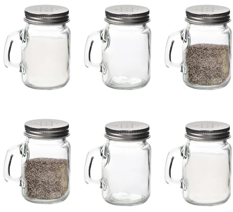 Glass Mason Jars 6 Pack Salt and Pepper Shaker Set with Handles & Silver Lids 4oz Capacity, Easy Refill, Farmhouse Style, Salt & Pepper Shakers, Salt & Pepper Pots, Salt & Pepper Set (Pack of 6)