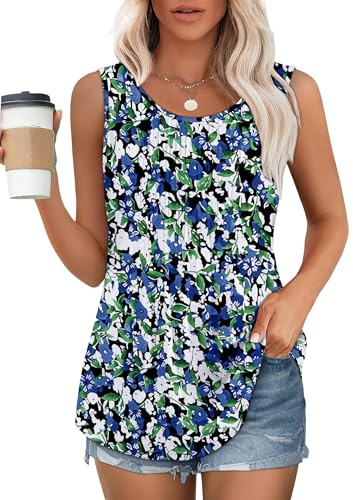 Chicrise Tunica Donna Senza Maniche Piega Blusa Lunga Girocollo Basic Camicette Allentata Moda Blu Medio 38-40