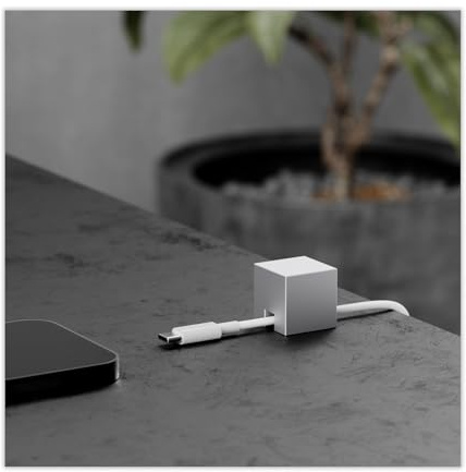 Metal Cable Holder, Weighted Cord Organiser or Management, Heavy Wire Keeper for Bedside Table, Nightstand, Desk - N2U Cube Cables Strap for Phone USB-C, Lightning Charger Cords (Silver - 1 PCS)