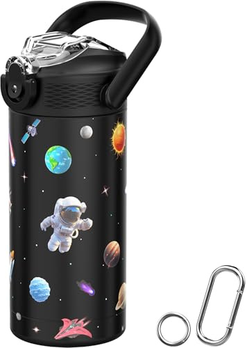 MYFOREST 400ml/14oz Insulated Kids Water Bottle, Odor-Free Surgical Grade Liner, Dishwasher-Safe, Name Spot, Soft Sipper (Black. Space)