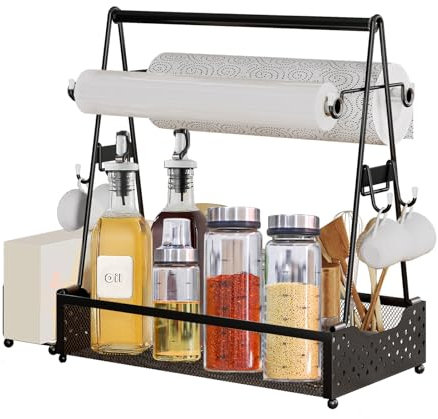 Panier de barbecue pour camping, pique-nique et extérieur - En acier inoxydable - Organiseur de tasses - Noir - Étagère à épices - Étagère à café avec 4 crochets - Récipient à ustensiles de barbecue