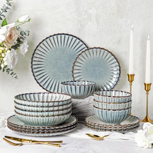 GBHOME Dinner Set for 6, 24 Piece Stoneware Set - Handcrafted Embossed Plates & Bowls, Reactive Glaze, Dishwasher and Microwave Safe Crockery Set