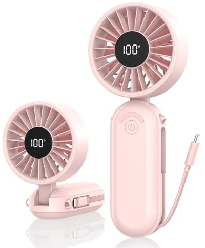 Amacool Foldable Handheld Fan Rechargeable, Built-in Type-C Cable, 5-Speed Personal Fan, Max 17H Runtime, Wearable Neck Fans for Travel Outdoor Cruise Makeup, Gift for Women Men Stylish Girl (Pink)