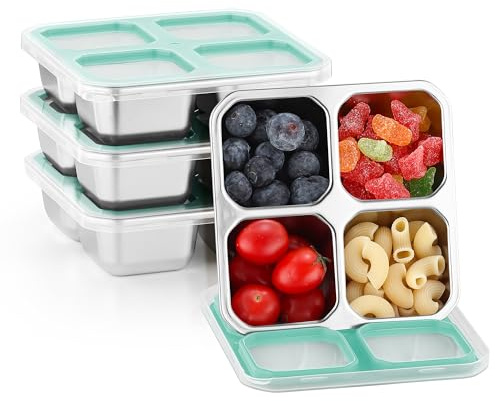 Misichao Stainless Steel Snack Boxes with 4 Compartments | Reusable Snack Containers Small Bento Lunch Box for Kids Adults Divided Meal Prep Containers for School Work and Travel 4 Pack (Blue-4)