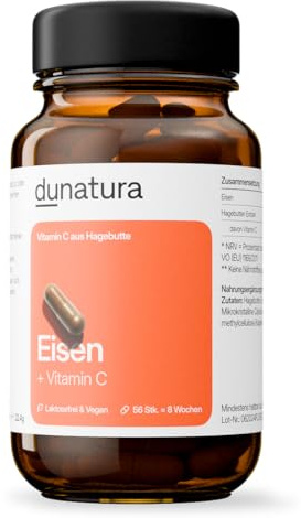 Dunatura Eisen + Vitamin C Kapseln - 56 Kapseln - Eisenbisglycinat | 14 mg Eisen & 40 mg natürliches Vitamin C; Hagebuttenextrakt; vegan; Glasflasche; ohne unnötige Zusatzstoffe