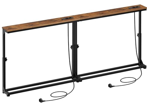 HOOBRO Mesas Consolas de Entrada Estrechas de 15 cm de Anchura, Juego de 2, Altura Ajustable (63,5-83,5 cm), con Base de Carga, Sala de Estar, Marco Metálico, Marrón Rústico y Negro EBF95CXGP201
