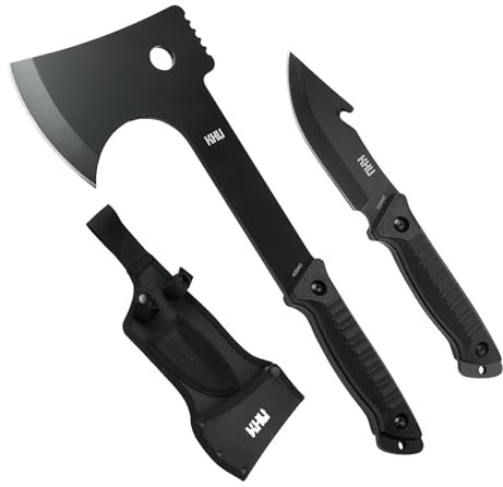 KHU 2 pcs 420HC Acero Hacha Supervivencia Cuchillo de Caza Cuchillo Hoja Fija Hacha de Camping - con Funda para Caza, Pesca, Bushcraft, Camping, Outdoor, Supervivencia y Bushcraft - 06A
