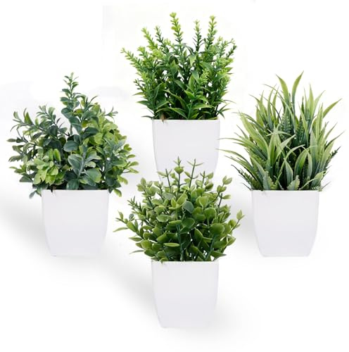 msymsyu Plantas artificiales con maceta, 4 unidades, plantas artificiales, pequeñas plantas verdes, decoración de plástico, decoración de interior, para oficina, casa, dormitorio, sala de estar, baño