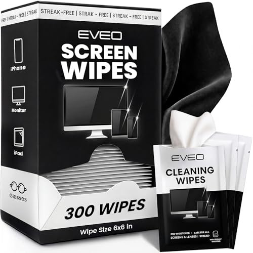 EVEO Screen Wipes - Electronic Wipes, Computer Screen Cleaner Wipes for Electronics | Computer Screen Wipes Phone Wipes & Lens Wipes for PC, Laptop, Phone, Car & More - Microfiber Included (300 Pack)