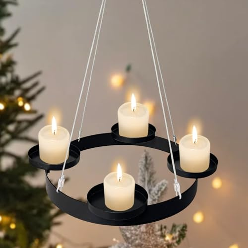Adventskranz Metall Hängen 30 cm, Kerzenständer Advent für stumpenkerzen, Adventskranz Gestell Deko Tablett Rund (30 cm)