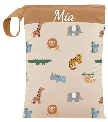 ARTEE Nasstasche für Kita-Wechselwäsche, Wasserdicht, Waschbar, mit Reißverschluss, Personalisierbar, mit Name, für Kindergarten, Strand, Sport (Jungle Sand)