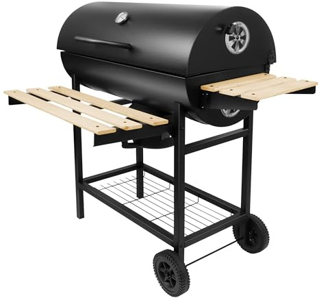 Gregman Roast 80 Holzkohlegrill XXL – Grillwagen Holzkohle – Kohlegrill mit Deckel und Thermometer – BBQ Grill für Garten und Terrasse mit Seitenablagen mobil – 110 × 80 × 42 cm – Schwarz