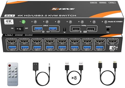 HDMI KVM Switch 8 Computers 1 Monitor, 8 Ports USB 3.0 KVM Switcher Support 4K@60Hz for 8 PC Share Keyboard and Mouse, Support Hotkey Switching Way