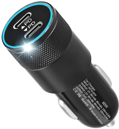 USB C Car Charger Cigarette Lighter Adapter 60W Dual PD 3.0 Ports 12V | Fast Charging Cigarette Lighter Adapter. Type-C Ports for iPhone 17/16/15/14/13 Pro Max, iPad, SamSung Galaxy S25.