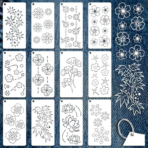 GOMAKERER 12 Blatt Sashiko Malschablonen, 12 Stil Blumen Und Blättermuster Sashiko Quilting Zeichenvorlagen Wiederverwendbare Randschablone Zum Nähen Sticken Scrapbooking DIY Ornamente