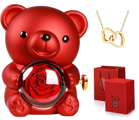 JOAASU Romantico orsacchiotto con rosa conservata, portagioie nascosto e collana a forma di cuore, regalo di fiori eterni per lei, confezione regalo per San Valentino, matrimonio, anniversario, addio