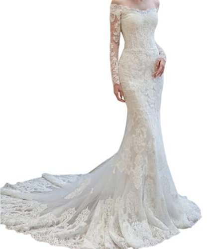 GoldeneAmeisen Spitze Brautkleider mit Schleppe,Spitzen Applikationen Langarm Hochzeitskleid,Hochzeitskleid mit Langer Schleppe,Mit Schleppe,Transparenter Stoff,für formelle Anlässe und Feiern
