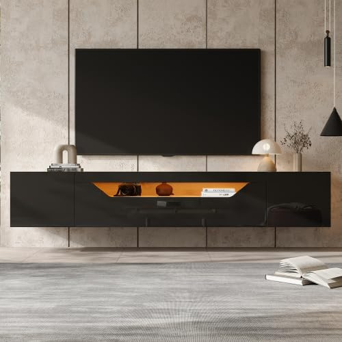 Merax Meuble TV mural de 180 cm avec lumière LED - Pour téléviseur de 75 - Design brillant avec 3 compartiments de rangement - Pour salon - Noir + couleur bois