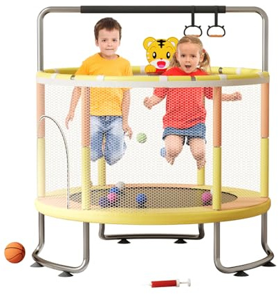 150 cm Kindertrampolin Indoor mit Netz, 5-in-1 Trampolin Kinder mit Schaukel, Basketballkorb, Turnringe & Reckstange, Bällebad, Minitrampolin für Zuhause, rutschfest & Kippsicher, bis 200kg (Gelb)