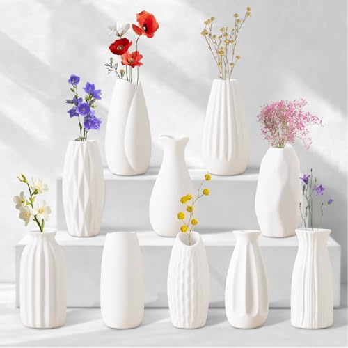 Set of 10 Small White Ceramic Vases, Modern Matte Vase Set (Approx. 12cm H) for Dried Flowers, Pampas Grass & Home Decor, Boho Decorative Table Vases for Wedding, Shelf, Table Centrepiece