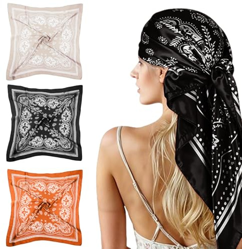 TENGWA Fyrkantig scarf dam 3 delar 70 x 70 cm fyrkantig mjuk bandana siden satin scarf dam silkeslen lämplig för fester festivaler daglig användning