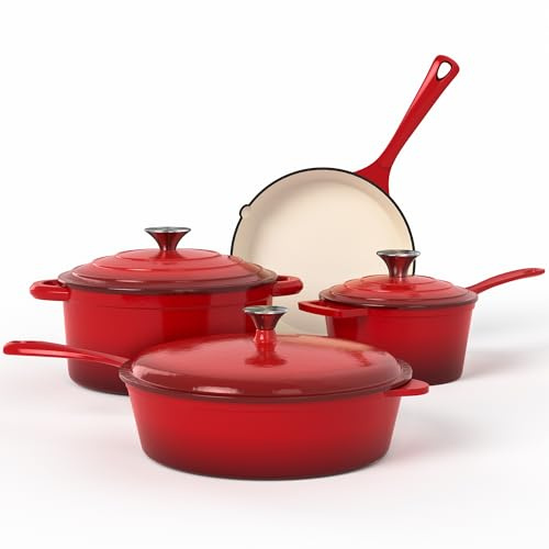 Kitchen Academy 7 Pièces Batterie de Cuisine Induction en Fonte Émaillée | Tous feux, induction et four, 100% sans PFOA, PTFE, plomb, cadmium, rétention de chaleur maximale pour mijoter