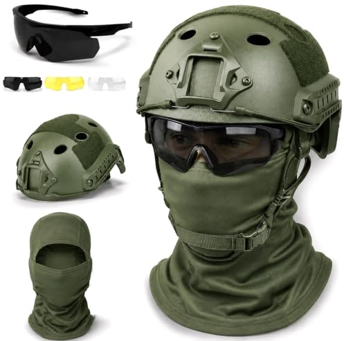 LZAQHMT Set Casco Tattico 3 in 1 con Occhiali A 3 Lenti, Passamontagna, Regolabile da 52 A 64 Cm per Softair E Paintball(Green)