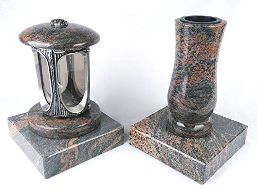 designgrab Runde Grablampe mit Rosette & Vase aus Granit im Set mit 2 Sockeln – handgefertigt, wetterfest & poliert – Gneis – grau-rötlich
