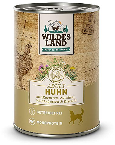 Wildes Land - Nassfutter für Hunde - Nr. 2 Huhn - 6 x 400 g - mit Karotten, Zucchini, Wildkräutern & Distelöl - Glutenfrei - Extra viel Fleisch - Beste Akzeptanz und Verträglichkeit