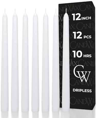 CANDWAX 30 cm White Taper Candles - Set of 12 Candle Sticks Ideal for Christmas Decorations - Dripless Smokeless Long Burning Unscented White Candlesticks - Tapered Christmas Candles for Home Decor