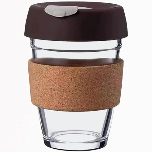 Hosoncovy 350ML Wiederverwendbare Kaffeetasse aus Glas mit hitzebeständigem Korkband-Reisekaffeetasse mit Deckel und Deckel 12 OZ Kaffeetasse (Braun)