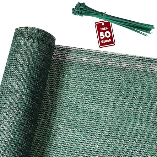 DETEX® Balkon Sichtschutz 1,4 x 10m Wetterfest inkl. 50 Kabelbinder Balkonbespannung Leicht Transparent 85% Schattierwirkung UV-Beständig Garten Schattiernetz Grün