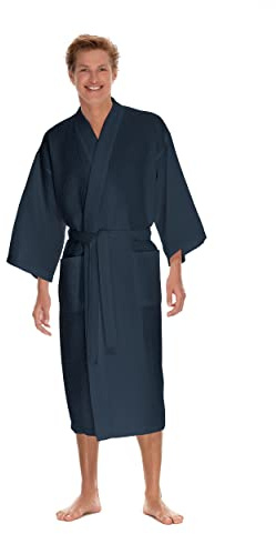 Men's Waffle Robe by BOCA TERRY, Waffle Knit Spa Robe, Long Lightweight Cotton Kimono Hotel Bathrobe (Medium-Large, Navy)