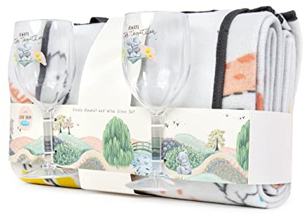 Me to You Tatty Teddy Picnic Blanket & Plastic Wine Glasses Set - Official Collection, Blue,Grey