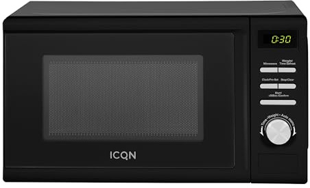ICQN Mikrowelle, Solo-Mikrowelle, 20 L, 700 W, 5 Leistungsstufen, 8 Automatikprogramme, Digitale Timerfunktion, Gewicht und zeitgesteuerte Auftauen, Kindersicherung, Glasdrehteller (25,5 cm), Schwarz
