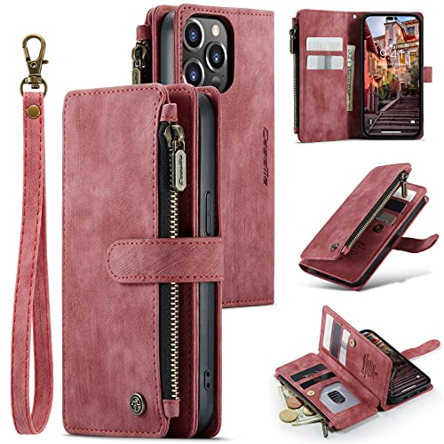 UEEBAI Handyhülle für iPhone 14 Pro 6.1 inch, Retro Reißverschluss Hülle Premium PU Leder Weiche Klapphülle Magnetverschluss Kartenfach Standfunktion Geldbörse mit Trageband Schutzhülle - Wein Rot