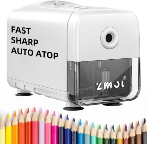 ZMOL Heavy Duty Electric Pencil Sharpener for Classroom, 10,000 Uses, White | Plug-in, 3 Sharpness Settings, Auto Stop, Fast Sharpening for 6.5-8mm Coloured Pencils, Teachers/Kids/School/Desktop
