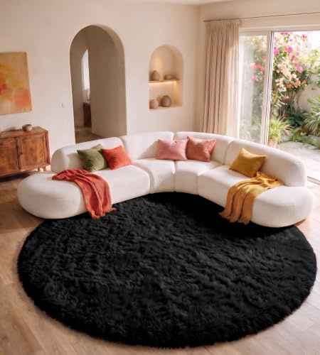 MARATIP Teppich Wohnzimmer Schwarz Ø 120 cm Flauschig Weich | Hochflor-Teppich, waschbar, rutschfest, weich. Perfekt für Schlafzimmer, Esszimmer und Kinderzimmer.