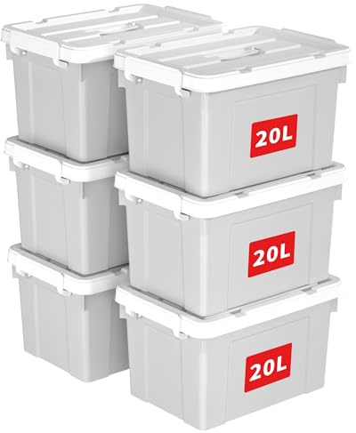 Cetomo 20L*6 Caja de Almacenamiento con Asa, Caja de Plástico con Tapa y Cierre Seguro, Contenedor de Almacenamiento, Duradera, Apilable, Resistentes, Gris, Paquete de 6 de 20L