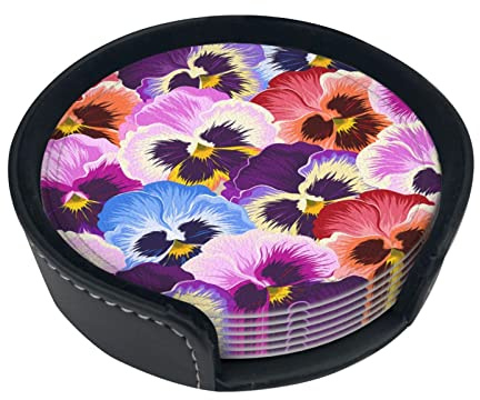 Round Coasters, Pansies,Mugs Pad Cups Mat Set of 6 Leather Drinks Coasters with Holder