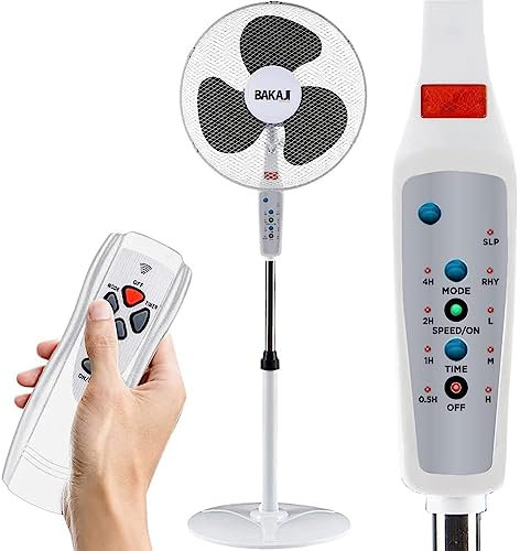 BAKAJI Ventilatore a Piantana con Telecomando, Potenza 50W 3 Velocità, Pale da 40 cm, Altezza ed Inclinazione Regolabile Fino a 130 cm, Funzione Timer, Base Rotonda, Oscillazione Orizzontale (Bianco)