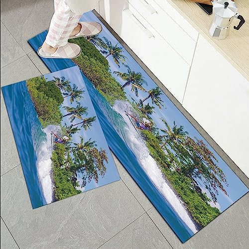 Küchenläufer Küchenmatte 2 Stück 45x70cm+45x120cm,Ride The Wave, Surfer im Ozean von Bali Island Palmen Verträumte Natur,rutschfest Pflegeleicht, Anti-Müdigkeit Küchenteppich Teppich Läufer für Küche