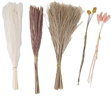 Glomora Trockenblumenstrauß, 70 Stück/Set, Pampasgras, Schilfgras, Rosa Hasenschwänze, Gelber Billy Button – Dekoration Für Hochzeit, Zuhause Und Party