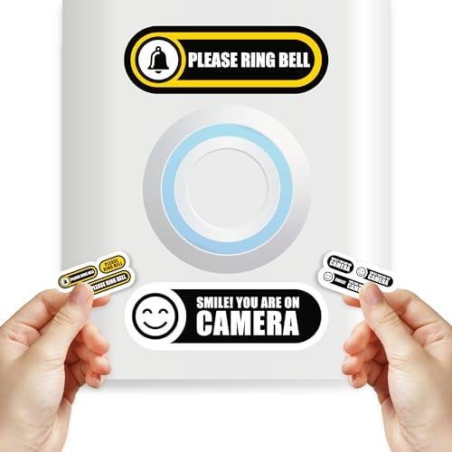 Tiny Please Ring Bell Yellow Sign (3 Sizes) + Tiny Smile You are on Camera Sticker for Doorbell (3 Sizes)